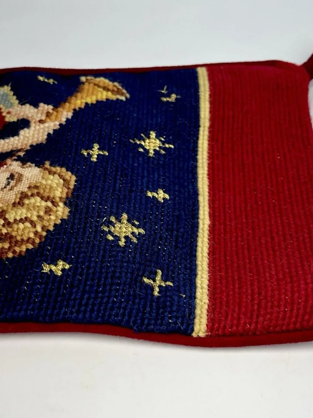 Vintage Imperial Elegance Wool Needlepoint Christmas Angel Stocking Velvet Red